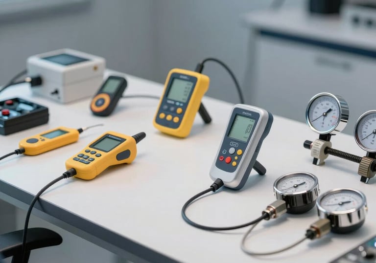 A clean, modern workspace with a technician's toolkit neatly organized, featuring digital thermometers and pressure gauges. Soft blue and white studio lighting.