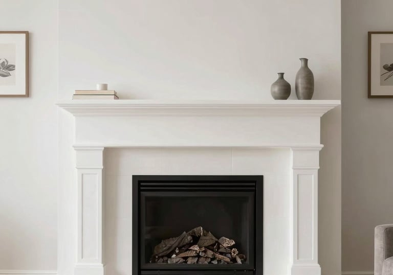 A bright, clean image of a modern living room featuring a minimalist fireplace with white stone surround. The lighting is soft and professional, showing a well-maintained North American interior.