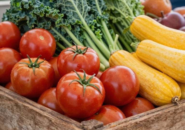 A vibrant, inviting market stall in a North American / US farmers market, showcasing a bountiful display of fresh, locally sourced produce. The composition features a close-up of a rustic wooden crate filled with a variety of colorful vegetables such as plump red tomatoes, deep green leafy kale, and golden yellow squash, all appearing fresh and wholesome. Bright, natural daylight softly illuminates the scene, creating gentle highlights on the produce. The style is authentic and clean, emphasizing the farm-to-table quality and community spirit.
