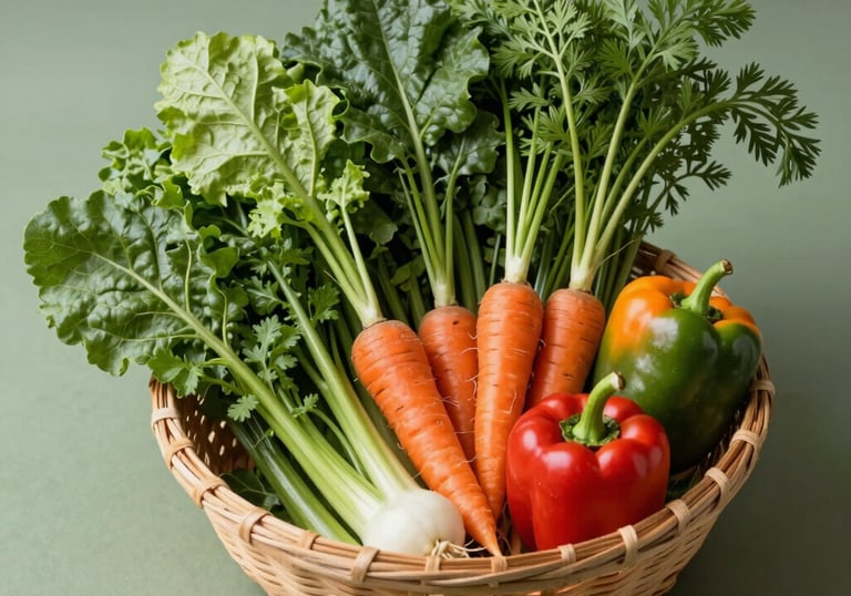 An artistic arrangement of North American US seasonal vegetables including leafy greens, carrots with tops, and vibrant peppers in a woven basket on a sage green surface.
