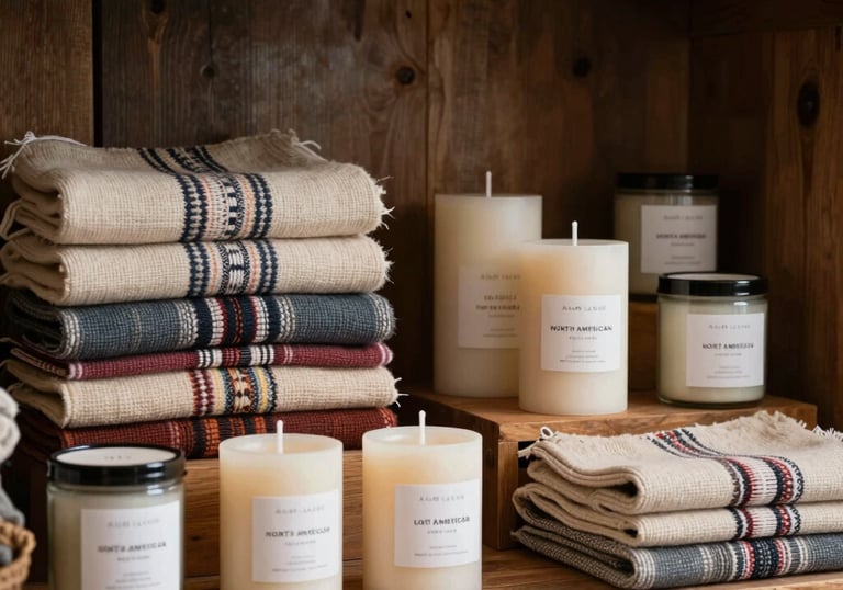 Handcrafted North American US specialty goods such as soy candles and hand-woven textiles displayed on a rustic wood shelf. The mood is modern yet charmingly rustic.