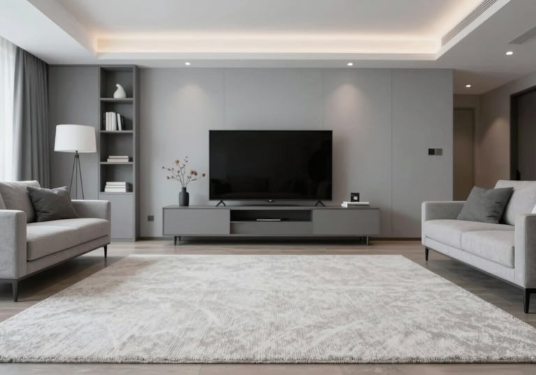 A wide shot of a perfectly staged, spotless modern living room. The lighting is crisp, highlighting the textures of a clean carpet. Palette: #F0F4F7 and #4A6B7E.