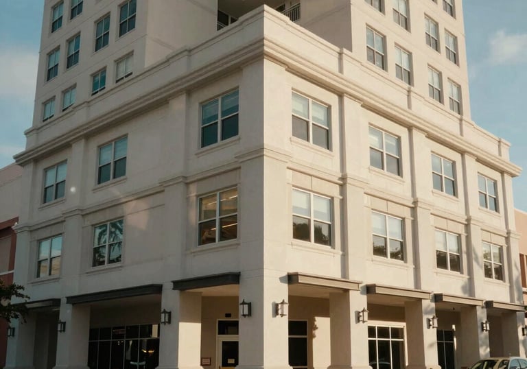 A wide shot of a multi-story commercial building in Daytona Beach, Florida, showing well-maintained exterior concrete architectural details.