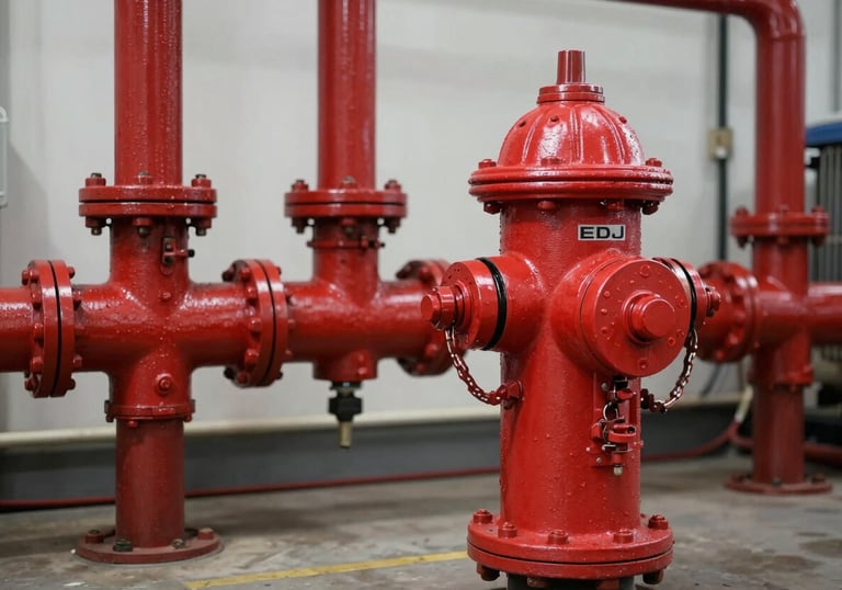 A clean industrial photograph of a complete red fire hydrant system with an EDJ pump in a North American / International commercial utility room.