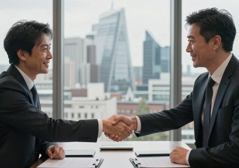 A professional meeting room in a London skyscraper overlooking the city, two business professionals shaking hands over a mahogany desk, soft afternoon lighting, atmosphere of success and agreement.