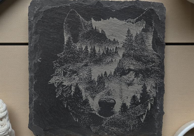 Laser engraved wolf slate coaster with mountain and forest design, rustic engraved stone coaster han