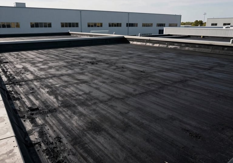 Finished black modified bitumen flat roof on a modern North American / US industrial building, high-contrast lighting, clean edges.