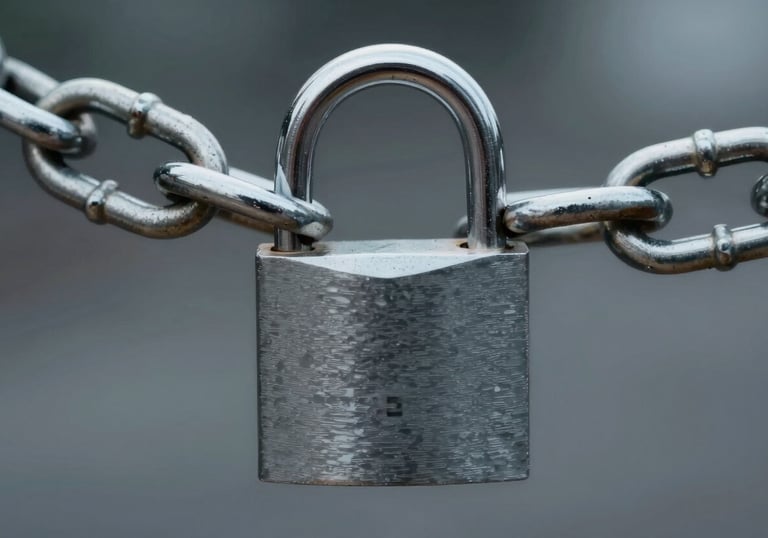 A close-up of a sturdy, modern steel padlock and heavy chain, symbolizing security and trust, brand palette #1A202C.