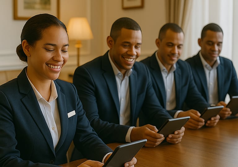 Équipe hôtelière caribéenne concentrée en formation immersive, utilisant tablettes et technologies VR autour d’une table élég