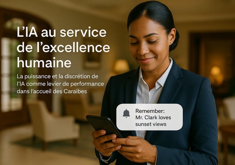 Collaboratrice hôtelière caribéenne consultant discrètement une notification IA sur mobile pour personnaliser l’accueil d’un