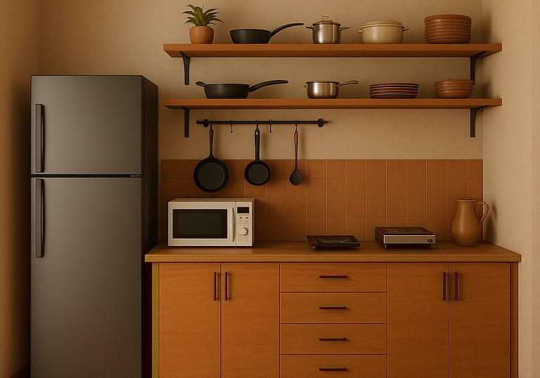 a pantry kitchen with a microwave, utensils and fridge