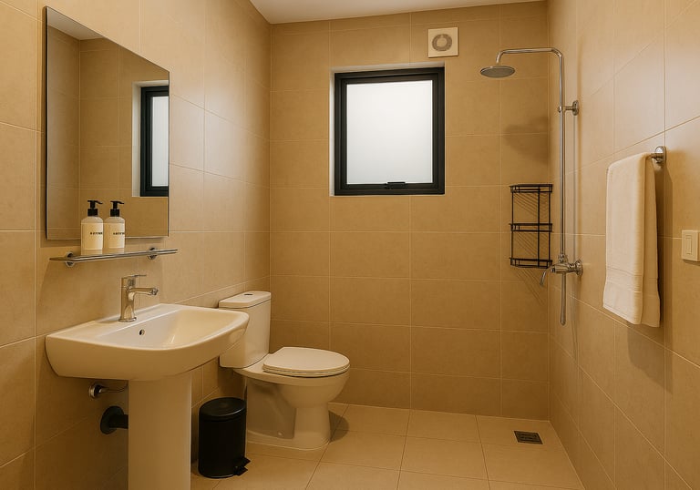 Hostel bathroom with a toilet and a sink