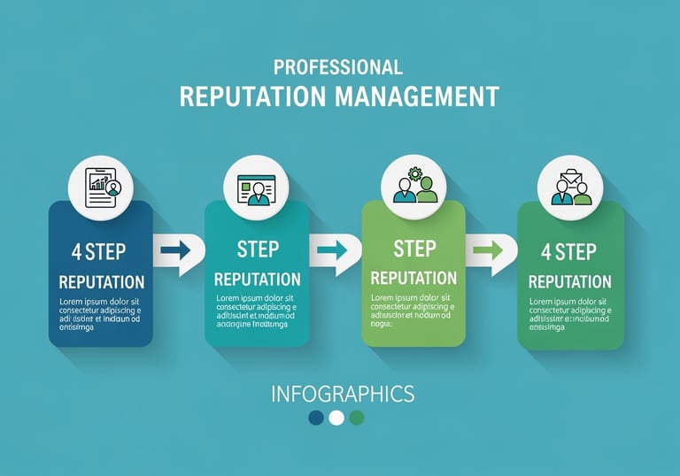 4-step reputation management process workflow showing audit analysis with magnifying glass, strategy