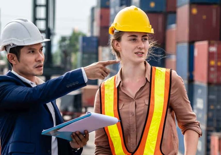 a man and woman in hard hats and safety vests