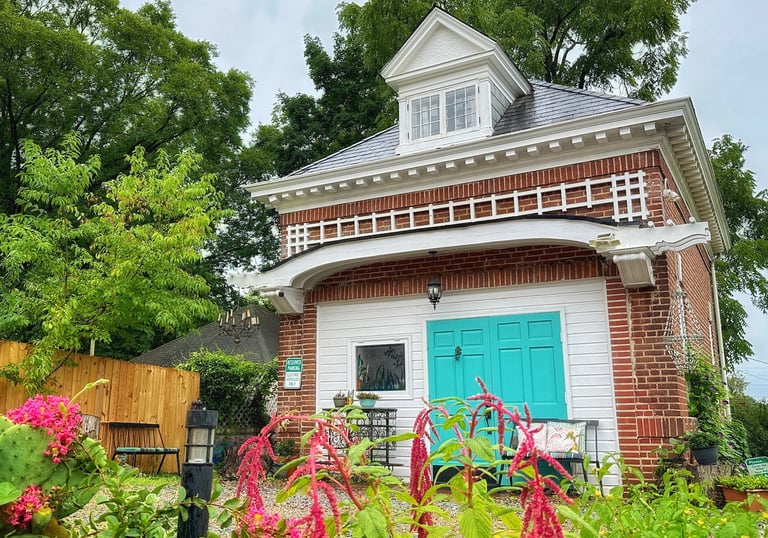 a house with a blue door and a blue door