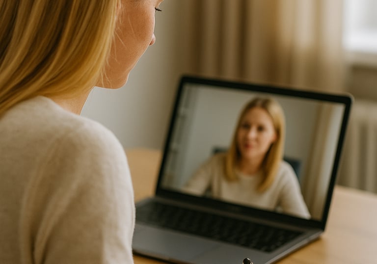 Blonde woman taking notes while watching online business coaching session.