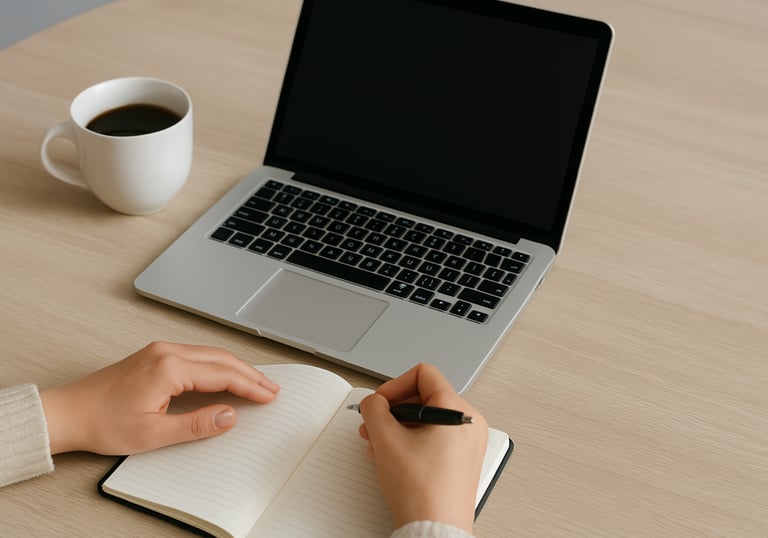Organised desk with laptop, notebook, and coffee for small business productivity.