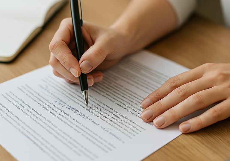 Close-up of woman editing printed business award nomination