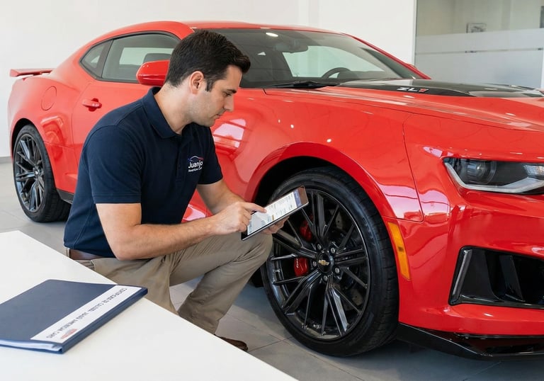 Juanjo American Cars realizando una inspección visual y certificación de calidad con una tablet a un Chevrolet Camaro rojo