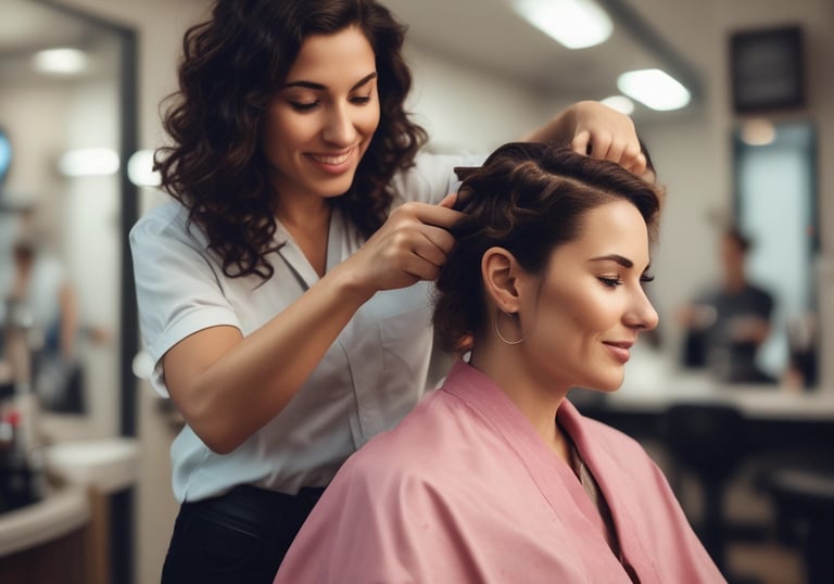 A hair salon with a person sitting on a chair, facing away, getting their hair styled or cut by a stylist. The salon has a modern and clean interior with a counter at the back, shelves with various products, and large plants in the foreground. There is another person in the background behind the counter, possibly an employee.