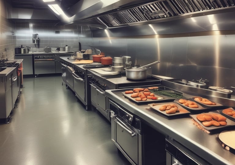 A commercial kitchen setting with chefs in white uniforms and black hats working at the counter. The kitchen is equipped with shiny metal bowls, cooking pots, and utensils. The background features a wall adorned with vibrant photographs of musicians.