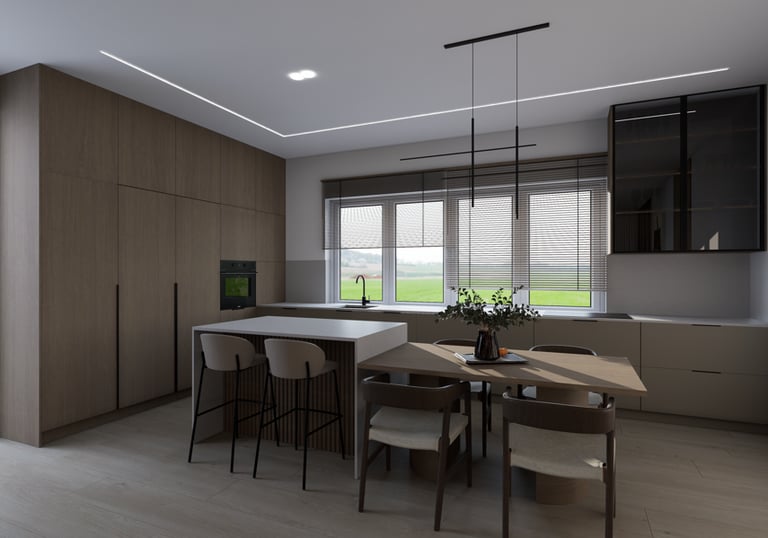 jauki virtuvė, sala su valgomuoju stalu, kėdės, virtuvės dizainas