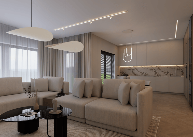 Svetainės ir virtuvės kambarys, sofa, valgomasis, lietas akmuo, šviesa, japandi stilius, jaukumas