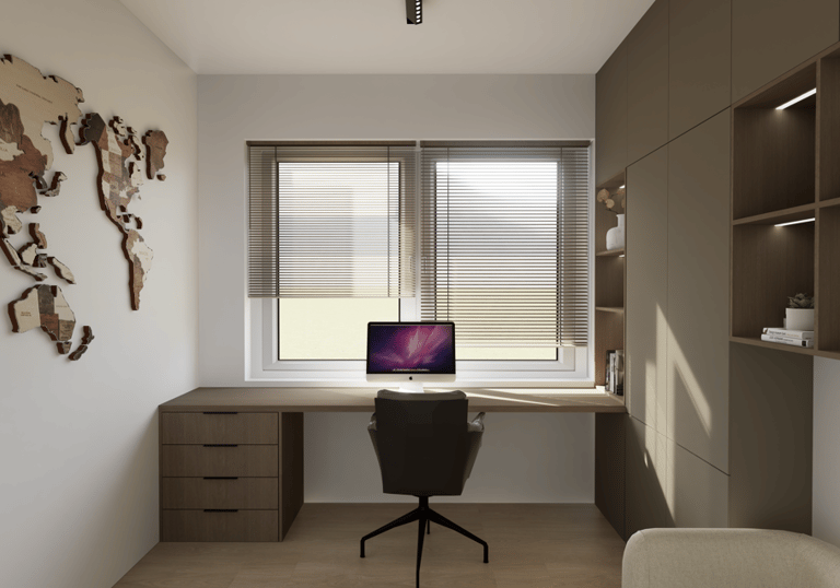 darbo kambarys, stalas prie lango, žaliuzės, didelis stalas