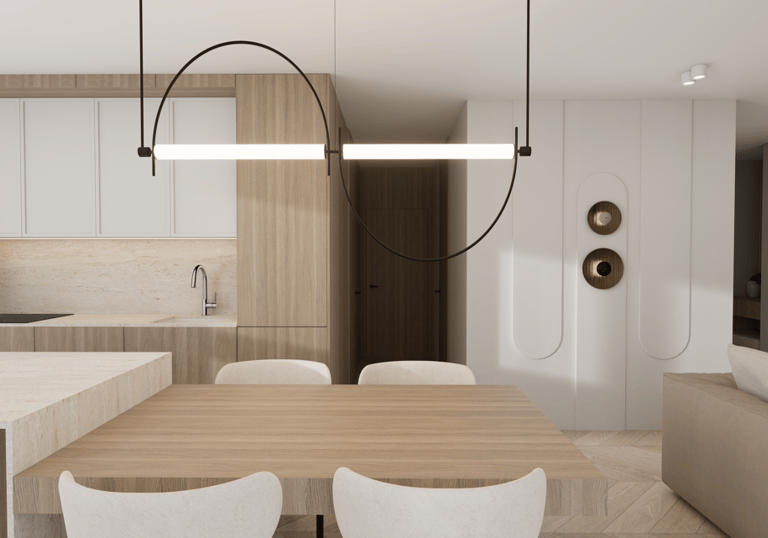 japandi stilius, šviesi virtuvė, valgomasis, stalas, šviestuvai, virtuvė su sala