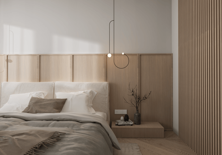 miegamasis, miegamojo sienelė, japandi stilius, staliukai prie lovos