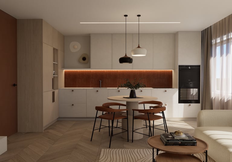 modern century stilius, modern century, valgomasis ir virtuvė, svetainė, bendra erdvė