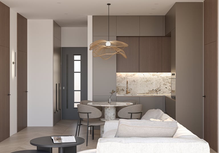 Svetainė, virtuvė, jauki virtuvė, virtuvė, valgomasis, apvalus stalas, durys iki lubų, sofa, stalas