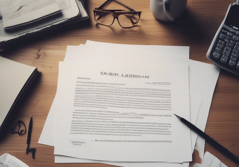 A neatly arranged setup featuring tax documents on top of a light-colored folder. An envelope and a sticky note are placed on the left side. A black pen is positioned near the paperwork. A coffee cup sits above the documents, suggesting a moment of work or review.