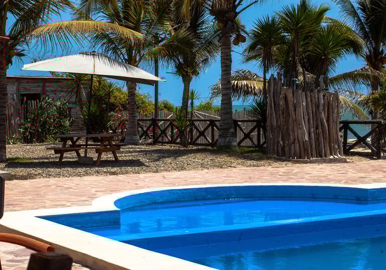 Una vista de la piscina junto a una sombrilla
