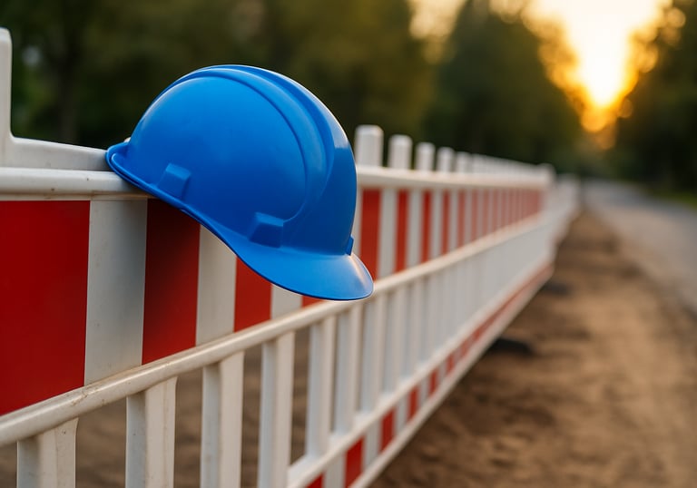 Schutzhelm an Baustellenabsperrung – UFT Bau GmbH Tiefbau Berlin