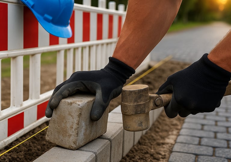 Arbeiter setzt Bordstein mit Hammer – UFT Bau GmbH Verkehrs­infrastruktur Berlin