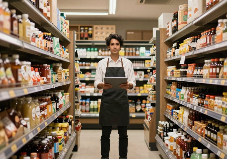 A grocery store manager holding a digital tablet while standing in a supermarket aisle for inventory management.