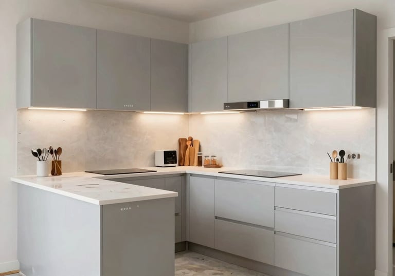 A modern living room with modular kitchen, wardrobes, and elegant ceiling design.