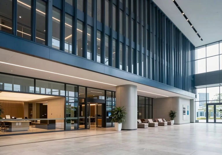 A wide-angle shot of a sleek, modern lobby in a Global / International headquarters featuring Steel Blue architectural details.