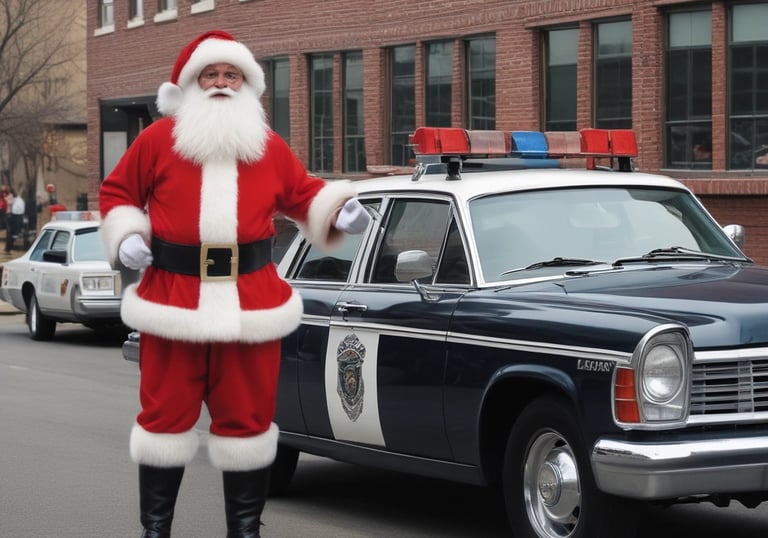 A festive scene features a small vehicle adorned with holiday decorations, including greenery and red tinsel. On top of the vehicle, a person dressed as Santa Claus, complete with a red hat and white beard, is waving or gesturing. Next to Santa stands another person wearing an elf costume. The scene takes place at night, surrounded by dark skies with a few onlookers visible around the vehicle, capturing the moment with their phones.