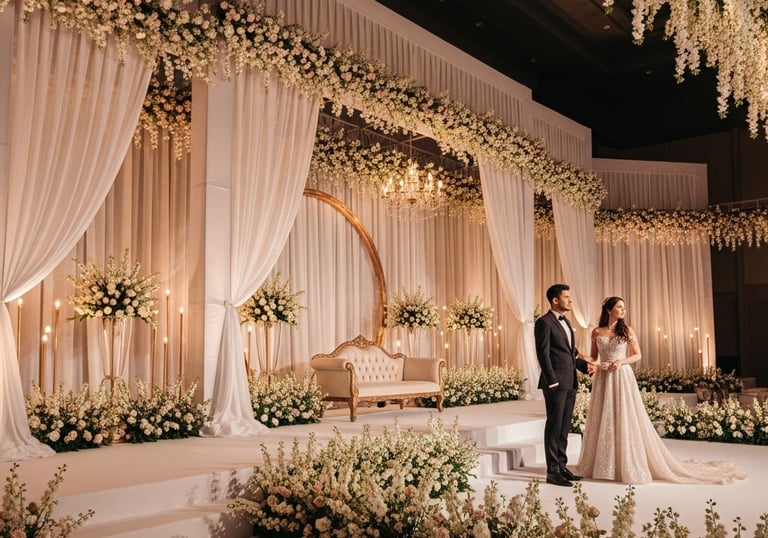 a bride and groom standing in front of a stage