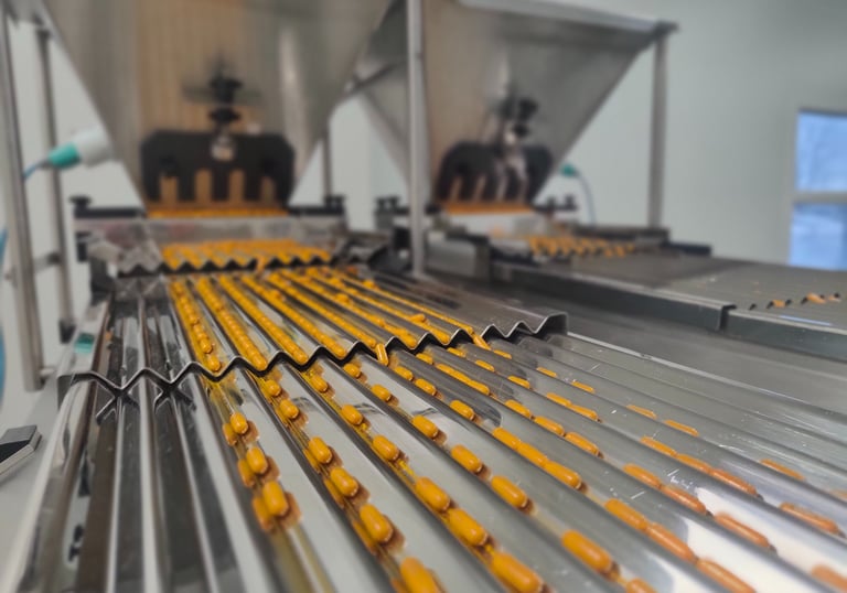 Una tolva de contadora de cápsulas con cápsulas naranjas de cúrcuma.