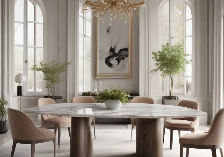 A collection of handcrafted items sits on display. The setup includes a variety of objects such as bowls, trays, and a hanging lamp, all of which have a fur or leather-like texture. The scene is warmly lit, enhancing the natural materials of each item. Wooden utensils with a dark finish are suspended next to the lamp.