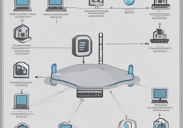 A car service or repair garage is depicted, with a vehicle hoisted on a lift. A laptop is placed on a nearby workstation with an open drawer filled with tools. The environment features tiled walls and floor, and equipment such as a tire changer and a balancing machine. Fluorescent lighting provides illumination.