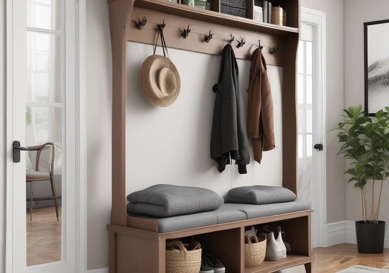 A modern kitchen workspace featuring dark cabinets with a wood countertop. On the left sits a small desk setup with a flat-screen monitor, a lamp, two black chairs, a telephone, and an electric kettle. Above the counter is a wall-mounted microwave and a range hood. Various kitchen utensils hang on a rail beside the sink on the right.