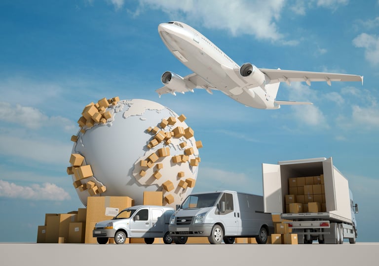 a plane flying over a large globe with boxes and a plane