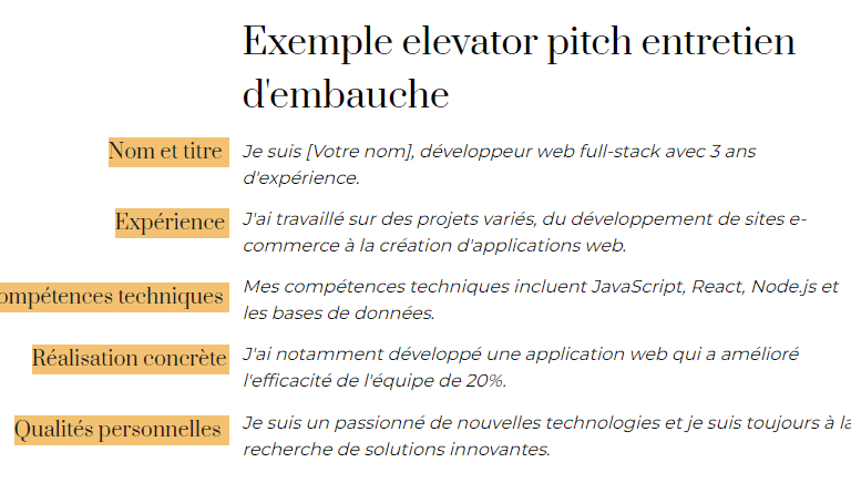 Exemple elevator pitch entretien d'embauche