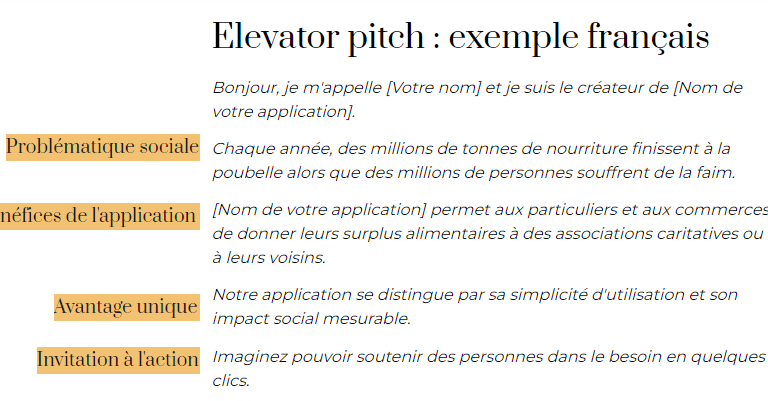 Elevator pitch exemple français