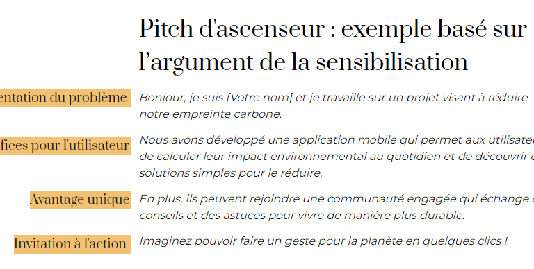 Pitch d'ascenseur exemple