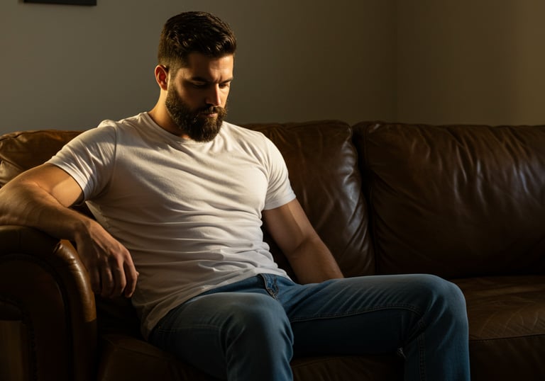 Manlooking troubled sitting on a brown couch in a dark room